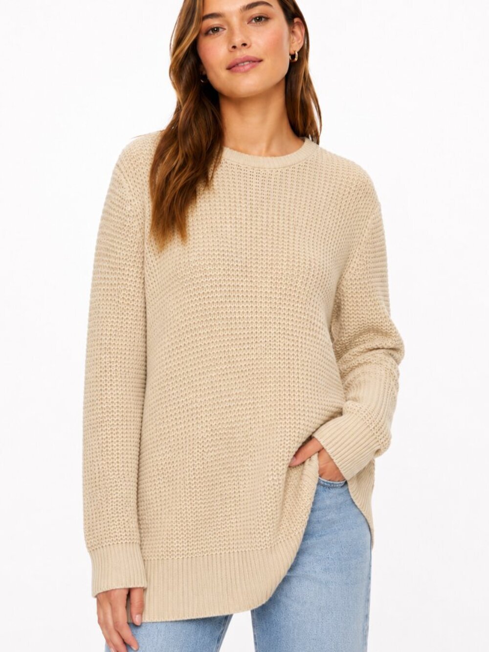 Vince Cream Waffle Knit Cotton Longline Crewneck Sweater Size L